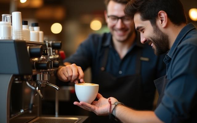 Barista tanítja a kávékészítést egy csészével és kávégéppel