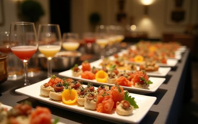 Elegáns céges rendezvényre szánt ételek és italok terítéken