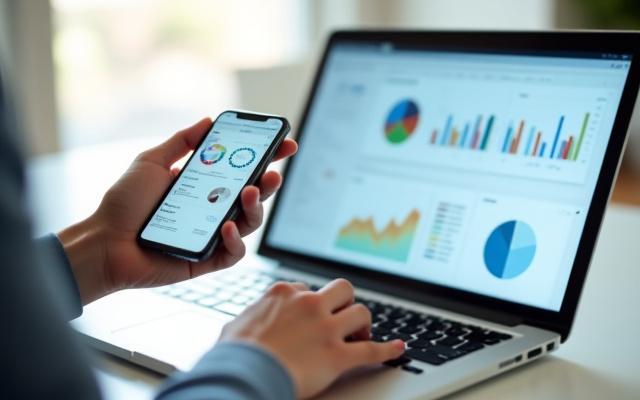 Laptop képernyőjén digitális marketing statisztikák, kézben okostelefon