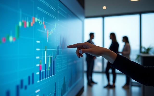 Grafikonok és adatok egy monitoron, háttérben üzleti megbeszélés