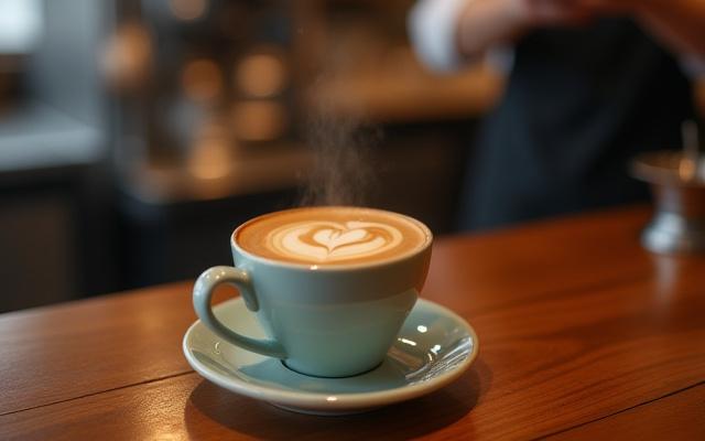 Gőzölgő specialty kávé latte art-tal, barrista pulton