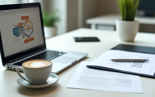 Üzleti stratégia tervezése egy íróasztalon, kávéval és jegyzetekkel