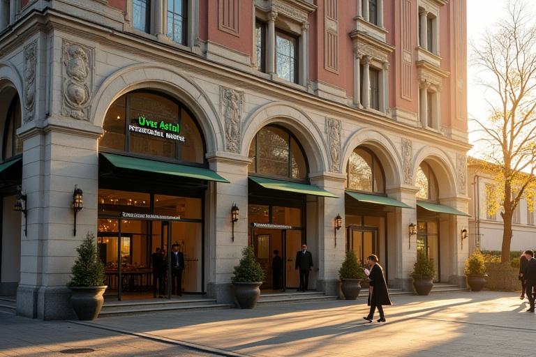 Az Üveg Asztal épületének külső homlokzata Szeged belvárosában, napfényben.